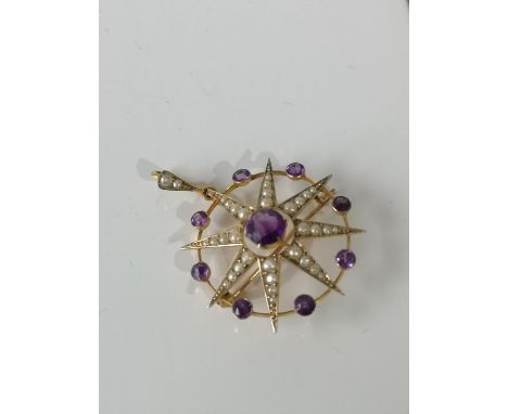 A LATE VICTORIAN SUFFRAGETTE 9CT GOLD MARKED, PEARL AND AMETHYST STAR AND CIRCLET BROOCH/PENDANT. SEE PHOTOS FOR DETAILS OF T