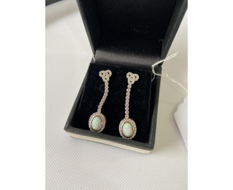 A Pair of silver, CZ and opal drop earrings. [3.5cm in length] 