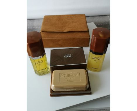 A Vintage Hermes Paris Equipage mens spray set- eau de toilette, apres rasage aerospray &amp; sealed soap bar. All within a f