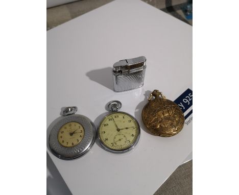 THREE VARIOUS POCKET WATCHES AND VINTAGE LIGHTER. INCLUDES MAKES INGERSOL LTD TRIUMPH, JAMES WALKER RELIANT, BULERM17 JEWELS 