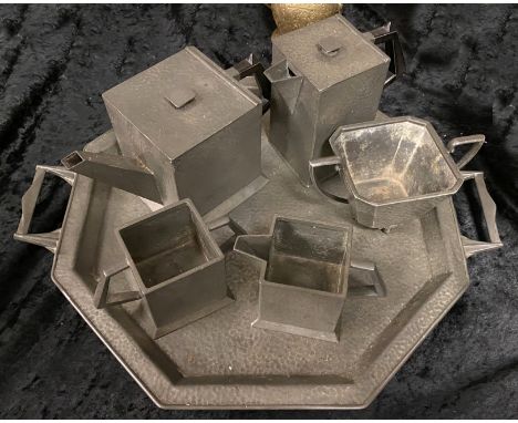 POSTON PEWTER ART DECO TEASET ON TRAY