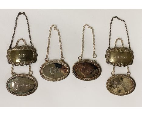TWO HM SILVER DECANTER LABELS &amp; FOUR SILVER PLATE LABELS