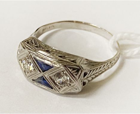 PLATINUM ART DECO DIAMOND &amp; SAPPHIRE RING - SIZE K