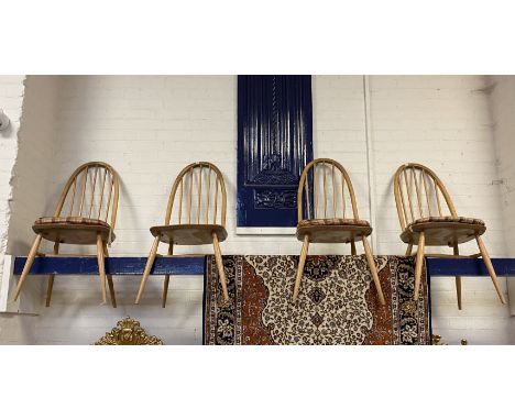 FOUR ERCOL DINING CHAIRS - ONE CUSHION MISSING 