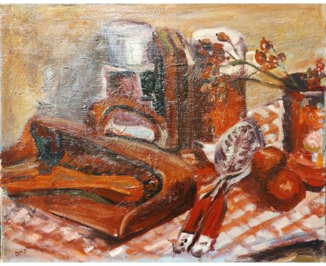 Kitchen sink school/Camden school, still life, oil on canvas, unframed, initialed DMP