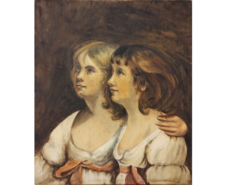 English School, portrait of two sisters, watercolour on paper laid to canvas, unframed