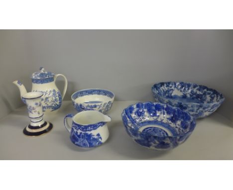Large and medium oriental pattern blue and white bowls, a Wedgwood blue and white Willow pattern coffee pot with lid, spout a