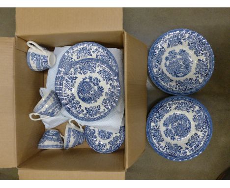A 1982 blue Tonquin dinner set comprising six dinner plates, six soup plates, six side plates, six cups and saucers **PLEASE 