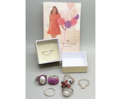 Four Cornwall Pearl silver rings, a silver cluster ring, and two other dress rings 