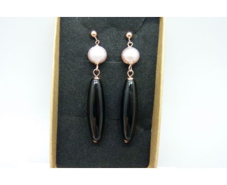 A pair of silver gilt, onyx and pearl drop earrings 