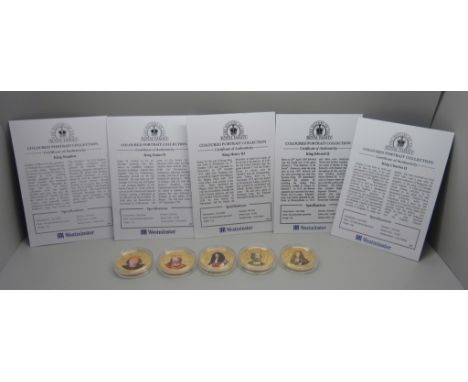 History of The Royal Family gold plated coloured portrait coin collection, with certificates 