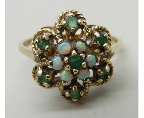 A 9ct gold, opal and emerald cluster ring, 3.4g, S 