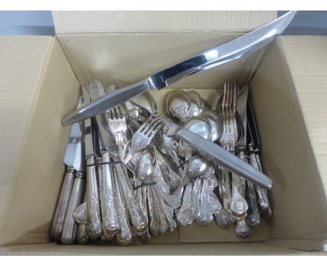 A set of king's pattern silver plated cutlery, six setting and six other knives and a stainless steel carving knife and fork 