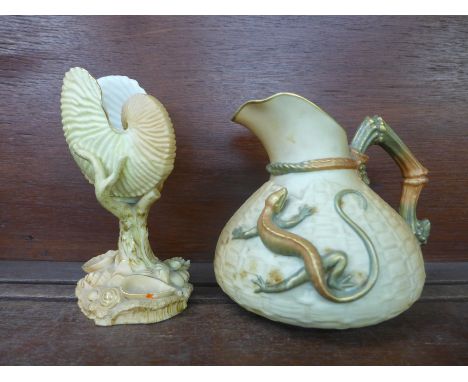 A Royal Worcester nautilus shell vase and salamander jug with basket weave decoration, both a/f 