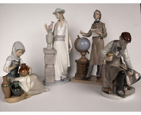 A retired Lladro figurine of a cobbler, 'Flapper', tall gent with globe and a seated lady with pots. Condition: repair to han