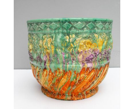 A Clarice Cliff 'Delecia' moulded and streaked planter covered in streaked coloured enamels, printed factory mark for Wilkins