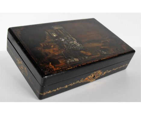 A Jennens & Bettridge Victorian papier mache jewellery box with hinged lid and mother-of-pearl inlay, 23 x 5 x 15 cm, in good