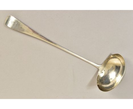 A LATE GEORGIAN PROVINCIAL SCOTTISH SILVER OLD ENGLISH PATTERN LADLE, engraved crest and motto 'Grip Fast', engraved initials