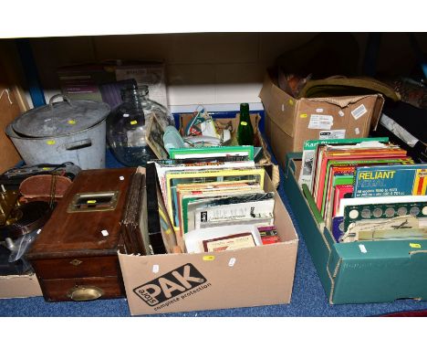 FIVE BOXES OF BOOKS, EQUESTRIAN EQUIPMENT, SMALL QUANTITY OF STAMPS, LOOSE ITEMS, etc, including Haynes Workshop manuals, a t