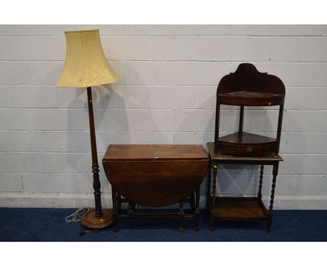 AN EARLY TO MID 20TH CENTURY OAK OVAL TOPPED GATE LEG TABLE, together with a Georgian mahogany corner washstand (cut down), a