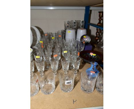 A QUANTITY OF DRINKING GLASSES, LIGHT SHADES, PAPERWEIGHT, etc, including Edinburgh crystal tumblers, carnival glass bowl, Ca