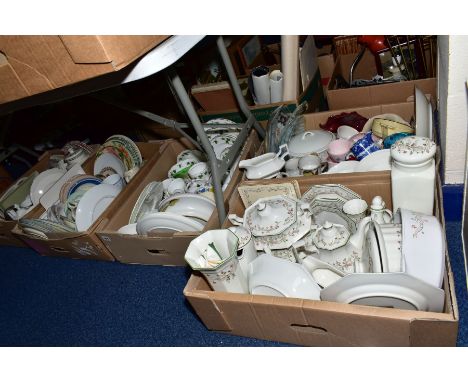 FIVE BOXES OF TEA AND DINNER WARE ETC, to include Johnson Brothers 'Eternal Beau', Colclough tea wares pattern 8143, Coalport