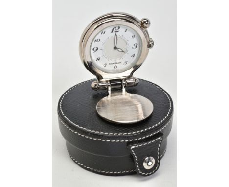 A MONTBLANC TRAVEL ALARM CLOCK WITH CASE, the white dial with Arabic numerals, signed 'Montblanc' luminescent hands, two push