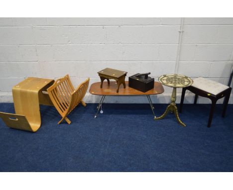 A MID 20TH CENTURY TEAK TOPPED FOLDING COFFEE TABLE, on a tubular metal base, together with a plastic wine table, Stag Minstr