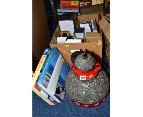 A GERMAN CERAMIC CEILING LIGHT SHADE, fat lava style, height 34cm, together with a box of light fittings and two books 'Major