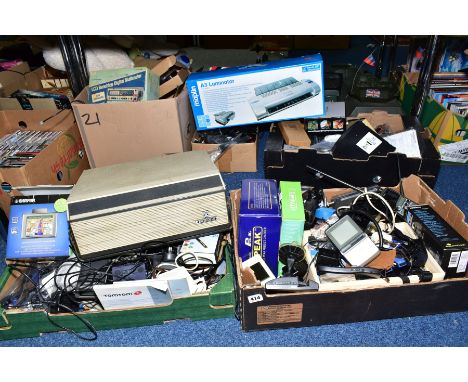 FOUR BOXES OF ELECTRICAL ITEMS, to include a LCD bench top multiimeter, car battery charger, Casio EV-150 television, radio s