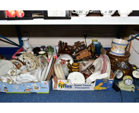 FOUR BOXES AND LOOSE CERAMICS, GLASSWARE, METALWARES, MANTLE CLOCKS ETC., including Duchess hunting scene, tea wares, ceramic