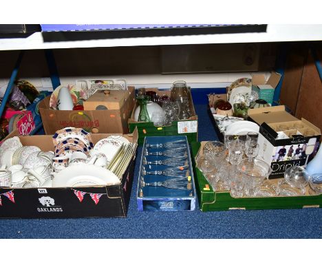 FIVE BOXES OF BOXED AND LOOSE GLASSWARE, CERAMICS, etc, including part tea, coffee and dinner sets, Minton 'Tapestry', Minton