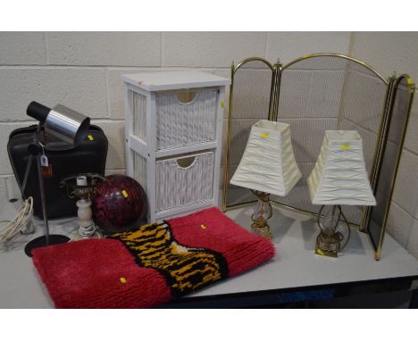 A PAIR OF BRASSED AND GLASS TABLE LAMPS with a fabric shade, together with a brass folding screen, bathroom unit, Brunswick b