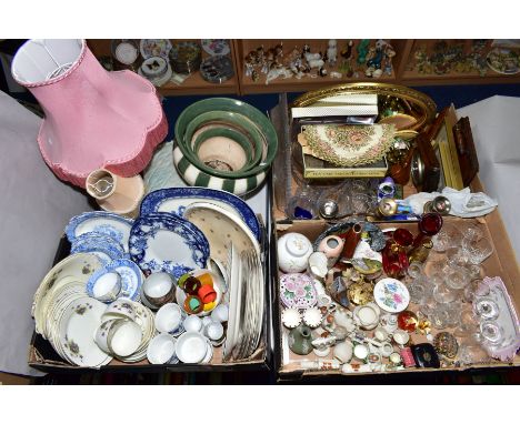 THREE BOXES CERMAICS, GLASS AND SUNDRY ITEMS, to include Royal Doulton Siary Gamp (tiny D6146) crested wares, studio glass bu