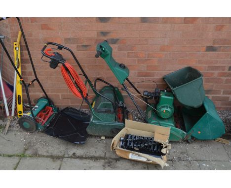 A QUALCAST PETROL CYLINDER LAWN MOWER with grass box (engine not seized) together with an electric cylinder lawn mower with g