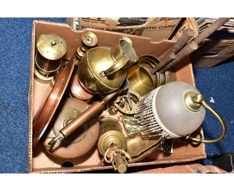 A BOX OF COPPER AND BRASS, to include graduated brass saucepans, brass candlesticks, bottle jack, copper kettle, copper plate