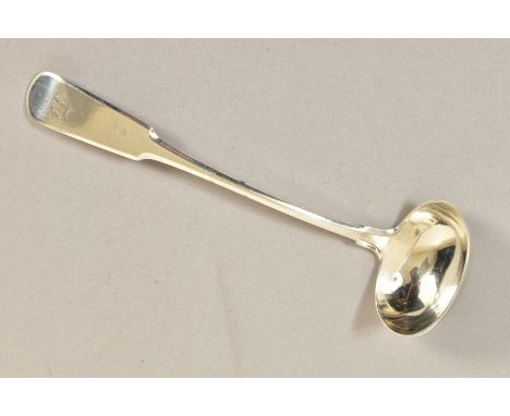 AN EARLY 19TH CENTURY SCOTTISH PROVINICIAL SILVER FIDDLE PATTERN SAUCE LADLE, engraved initial, marked 'WJ ABD WJ', William J