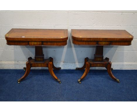 A PAIR OF REPRODUCTION REGENCY STYLE MAHOGANY CROSSBANDED AND BRASS INLAID FOLD OVER CARD TABLE, canted front corners, green 