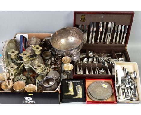 A QUANTITY OF SILVER PLATE AND OTHER METALWARES, including a mahogany finish canteen of Arthur Price 'County Plate' cutlery, 