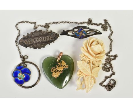 A COLLECTION OF JEWELLERY, to include a Charles Horner enamelled bar brooch (a/f, enamel chipped), hallmarked silver, Chester