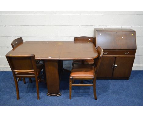 A 1940'S OAK GATE LEG TABLE, four chairs together with an oak bureau (6)