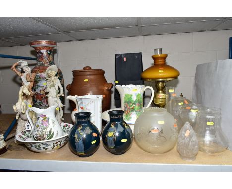 A PORTMEIRION BOTANIC GARDEN WASH JUG AND BOWL, PAIR OF DECORO GREEK MAIDEN VASE, GLASS SHADES, etc including a large twin ha