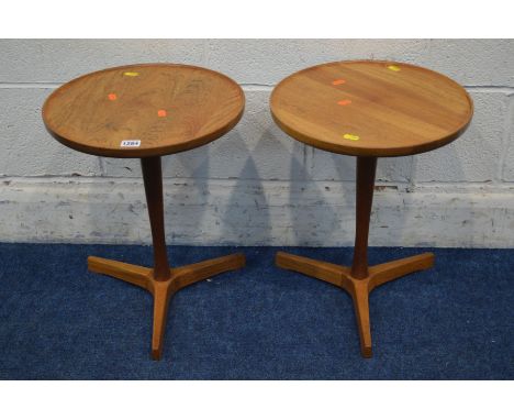 HANS L ANDERSEN, a pair of mid 20th Century Danish teak tripod tables, with a circular dish top, on a cylindrical support, di