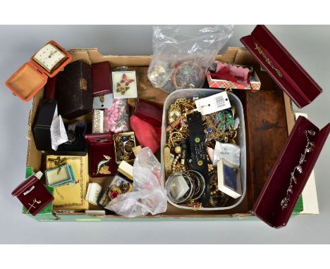 A LARGE BOX OF MISCELLANEOUS JEWELLERY ITEMS, mostly assorted costume jewellery, also included a leather cased Swiza travel a