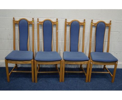 A SET OF FOUR ERCOL MODEL 956 WHEATSHEAF DINING CHAIRS, with blue upholstery