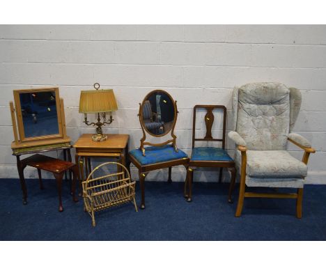 A MODERN BEECH FRAMED WINGBACK OPEN ARMCHAIR, together with an Edwardian chair and dressing stool, four various occasional ta