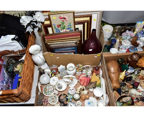 FOUR BOXES AND LOOSE ORNAMENTS  AND PICTURES ETC, to include Wedgwood, Aynsley, Coalport, Royal Doulton, Siamese kittens DA12