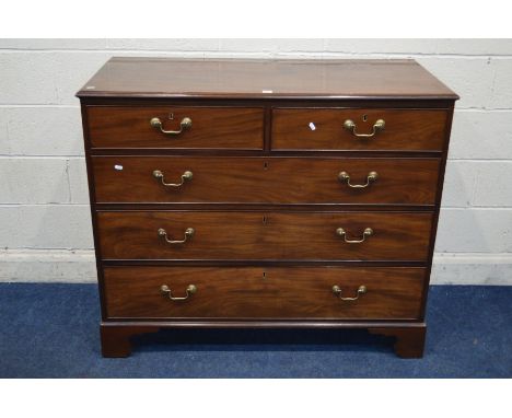 A GEORGIAN MAHOGANY CHEST OF TWO OVER AND THREE LONG GRADUATING DRAWERS with brass swan neck handles on bracket feet, width 1