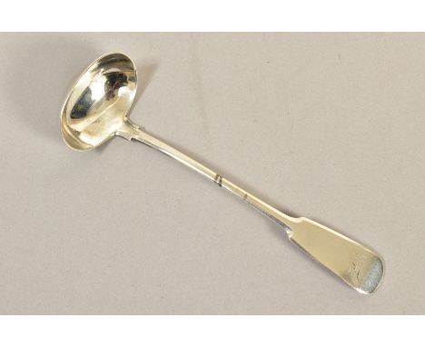AN EARLY 19TH CENTURY SCOTTISH PROVINCIAL SILVER FIDDLE PATTERN SAUCE LADLE, engraved initial, marked 'WJ, ABD, WJ, WJ, WJ', 