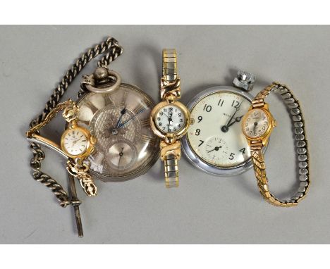 TWO POCKET WATCHES AND WRISTWATCHES, the first pocket watch with a silver dial, Roman numerals and secondary subsidiary dial 